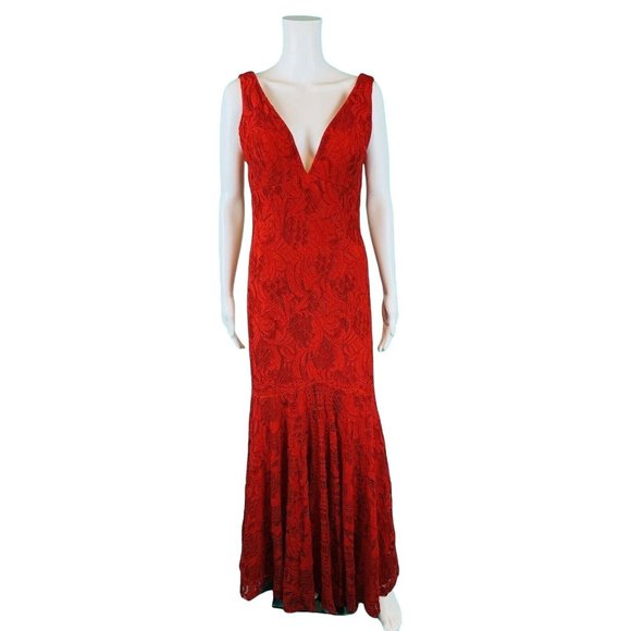 Dave & Johnny Formal Gown Women's Size 9/10 Red Lace Deep V Full Length Dress - Picture 9 of 11